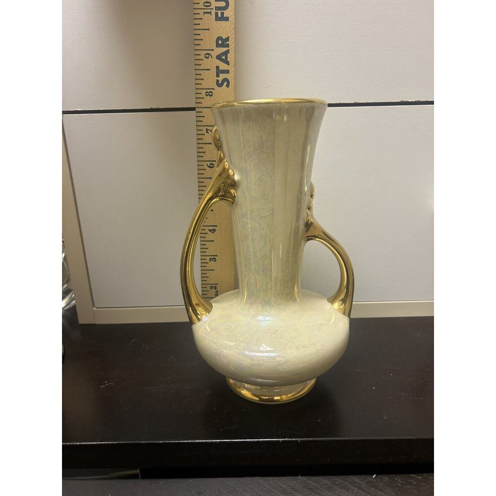 Antique Iridescent Hand Painted Vase beautiful gold 22k asymmetrical‎ handles